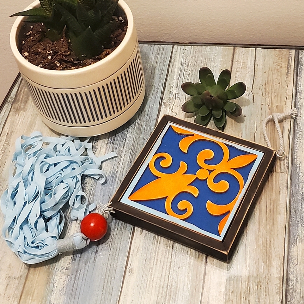 Boho wall hanging Wall art decor orange blue wood tassle